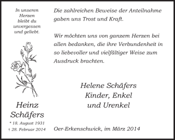 Traueranzeige von Heinz Schäfers von Medienhaus Bauer